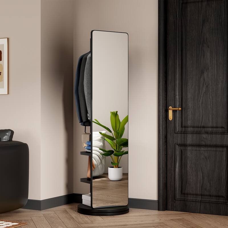 360° Rotating 66"x14" Multifunctional Full Length Mirror with Hook Storage Rack Coat Rack with Mirror Solid Wood Floor Mirror