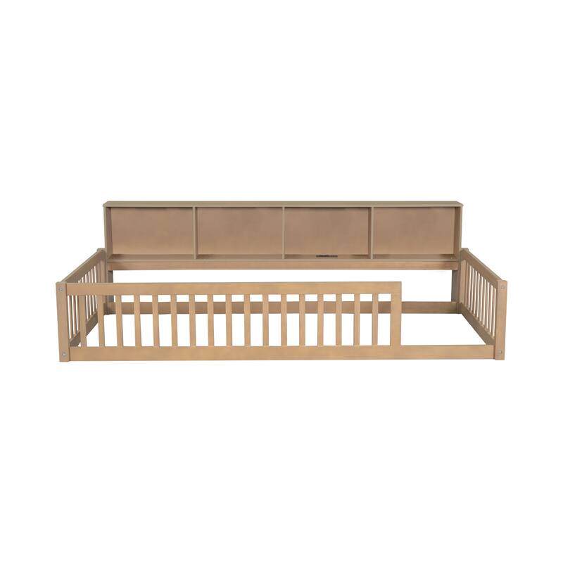 Twin XL Solid Wood Bed with 3 Cabinets, Charging Station & Safety Fence
