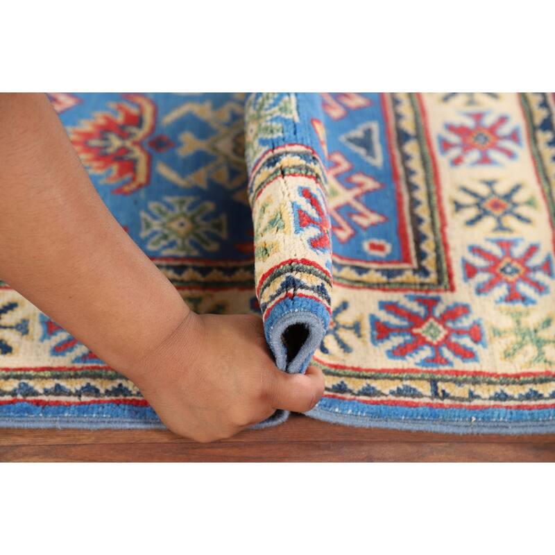Blue Geometric Kazak Rug Hand-Knotted Oriental Wool Carpet - 2'0" x 2'11"