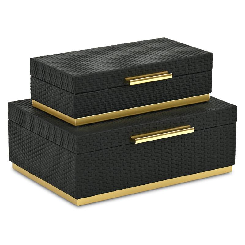 Tamsin Set of 2 Rectangular Decorative Storage Boxes - Wicker Weave Pattern with Gold Hardware