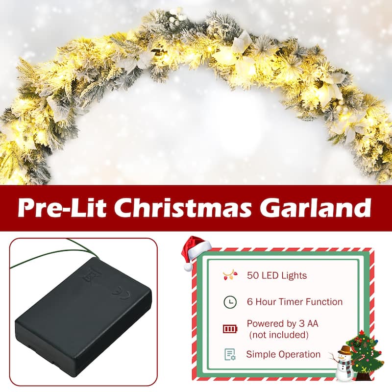 Costway 9ft Pre-lit Snowy Christmas Garland w/ Berries Poinsettia - See Details