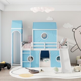 Playhouse Twin Size Loft Bed with Slide Pink Tent and Tower