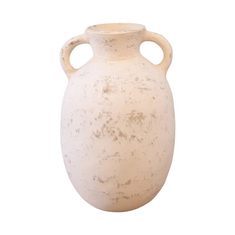 16" high terracota vase with two handles distressed white