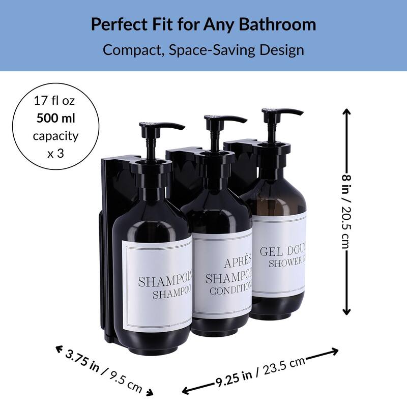 Set of 3 Black Wall-Mounted Shower Dispensers 17 fl oz (500ml) - 9.25 L x 3.75 W x 8 H