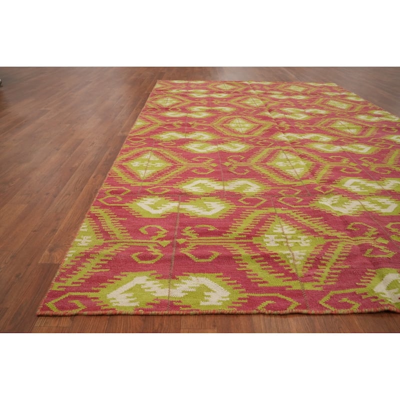 Hand Woven Oriental 100% Wool Carpet Southwestern All-Over Pink Kilim Area Rug - 8' 10'' X 5' 10''