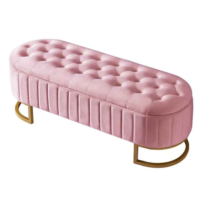 Velvet Upholstered Storage Bench, Button Tufted Storage Ottoman Bench with Metal Legs for Bedroom End of Bed, Living Room