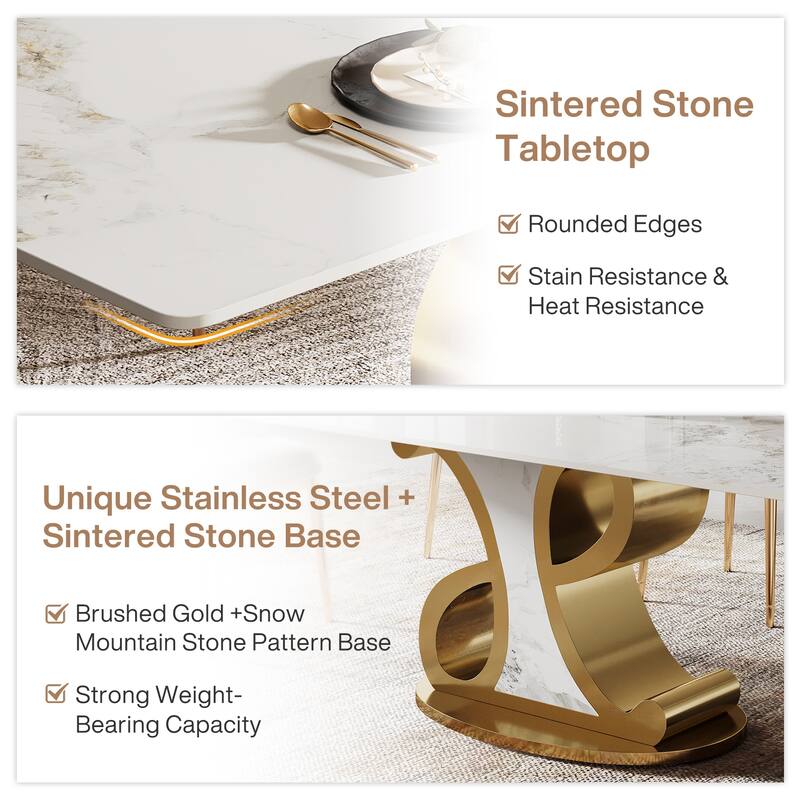 78.74" Luxury Rectangle Sintered Stone Dining Table with Stainless Steel Base