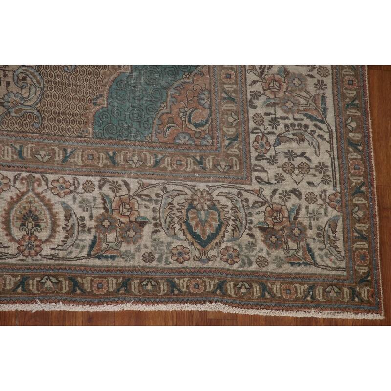 Distressed Geometric Tabriz Persian Antique Rug Handmade Wool Carpet - 9'8" x 13'5"