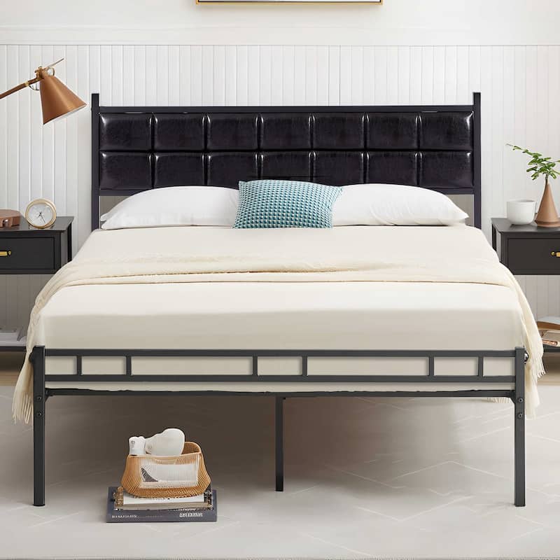 VECELO Faux Leather Tufted Bed, Metal Frame Bed Frame