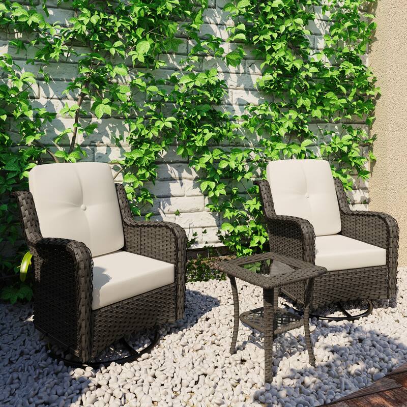 3 Piece Rattan Patio Bistro Set Outdoor Swivel Rocker Chairs
