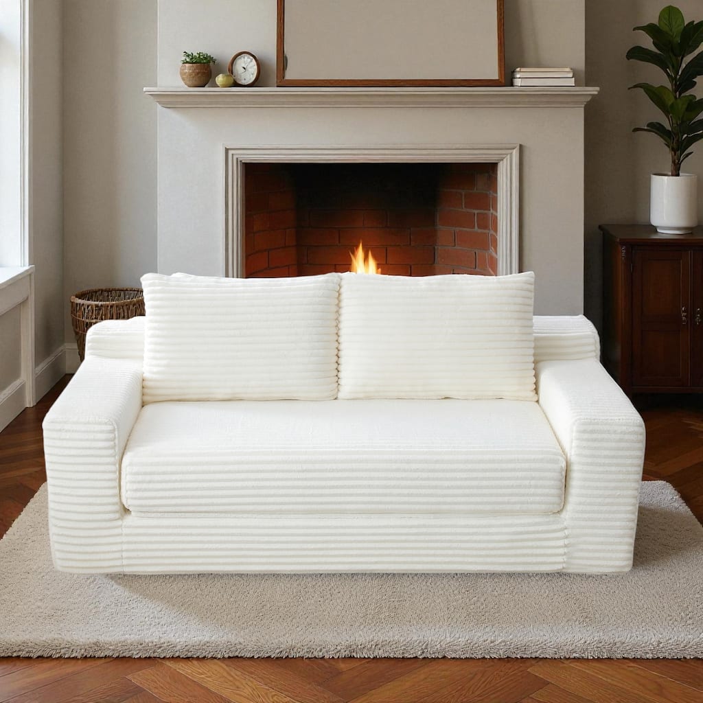 Memory Foam Cloud Loveseat, 2-in-1 Convertible Corduroy Folding Couch Bed, No-Assembly Floor Sofa with Storage Pockets