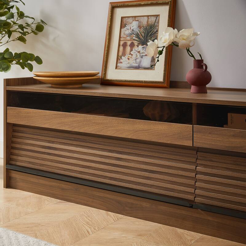 Modern LED TV Stand with 4 Drawers Built-In Charging Ports and Tempered Glass Panel, for Living Rooms