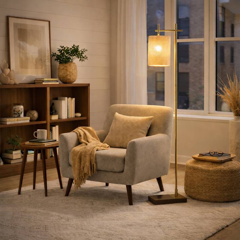 Gattie Brass Floor Lamp with Rattan Shade and Rectangular Base