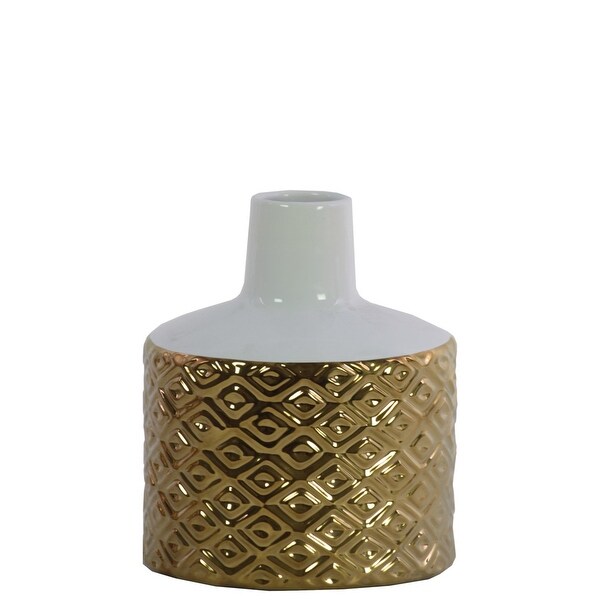 Round Ceramic Vase With Engraved Double Diamond Pattern, Small, Gold And White