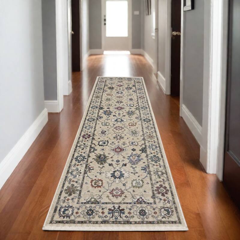 HomeRootsFloral Traditional Runner Area Rug - 92.52' X '26.77' X '0.28 - Tan/Blue/Ivory