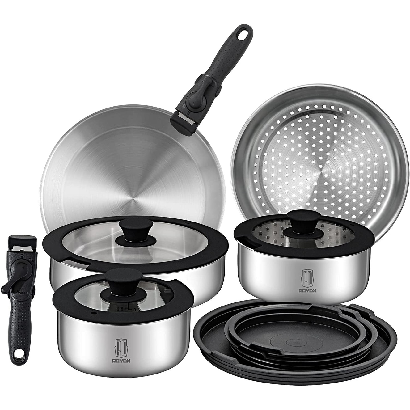 16 Piece Stainless Steel Cookware Set, Kitchen Removable Handle