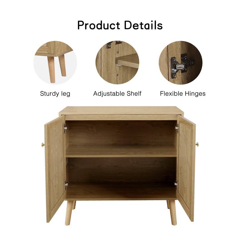 Anmytek 2-Door Farmhouse Wood Rattan Buffet Sideboard Accent Storage Cabinet with Adjustable Shelves