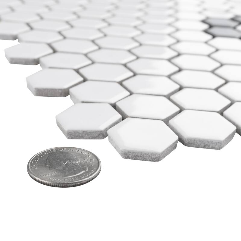 Merola Tile Metro 1" Hex Glossy White w/Single Flower 10-1/4" x 11-7/8" Porcelain Floor and Wall Tile