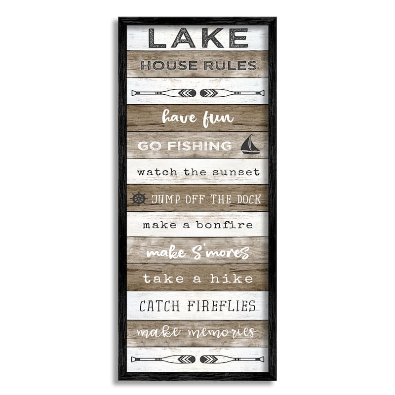 Stupell Lake House Rules List Rustic Pattern Boat Oars Framed Wall Art - White