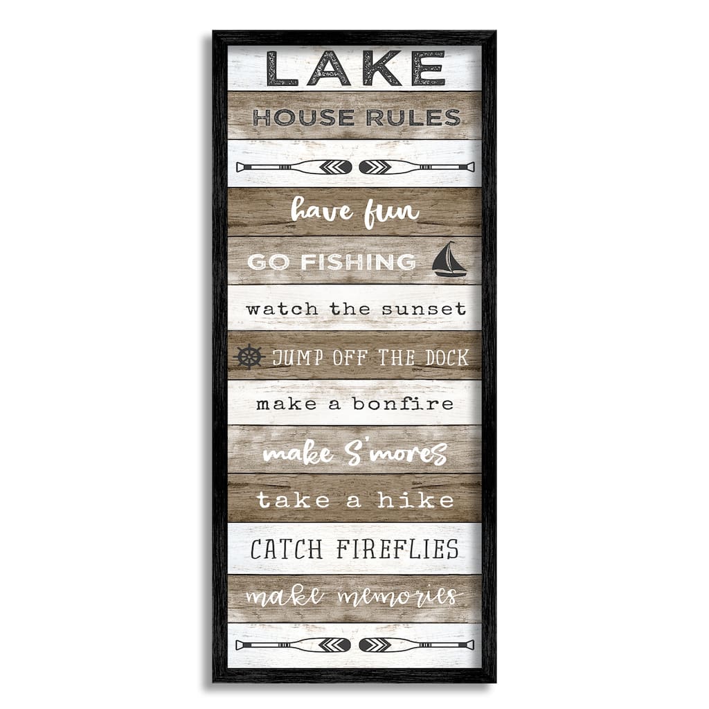 Stupell Lake House Rules List Rustic Pattern Boat Oars Framed Wall Art - White
