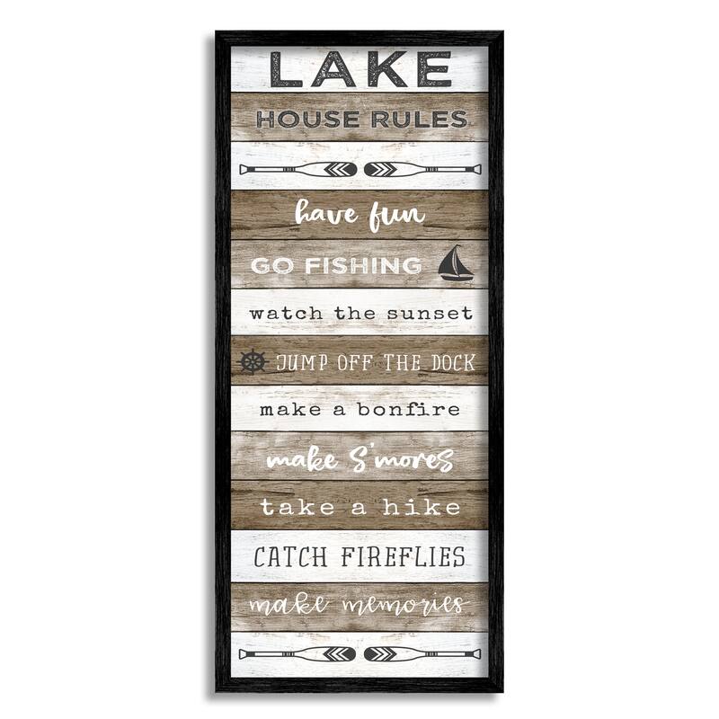 Stupell Lake House Rules List Rustic Pattern Boat Oars Framed Wall Art - White