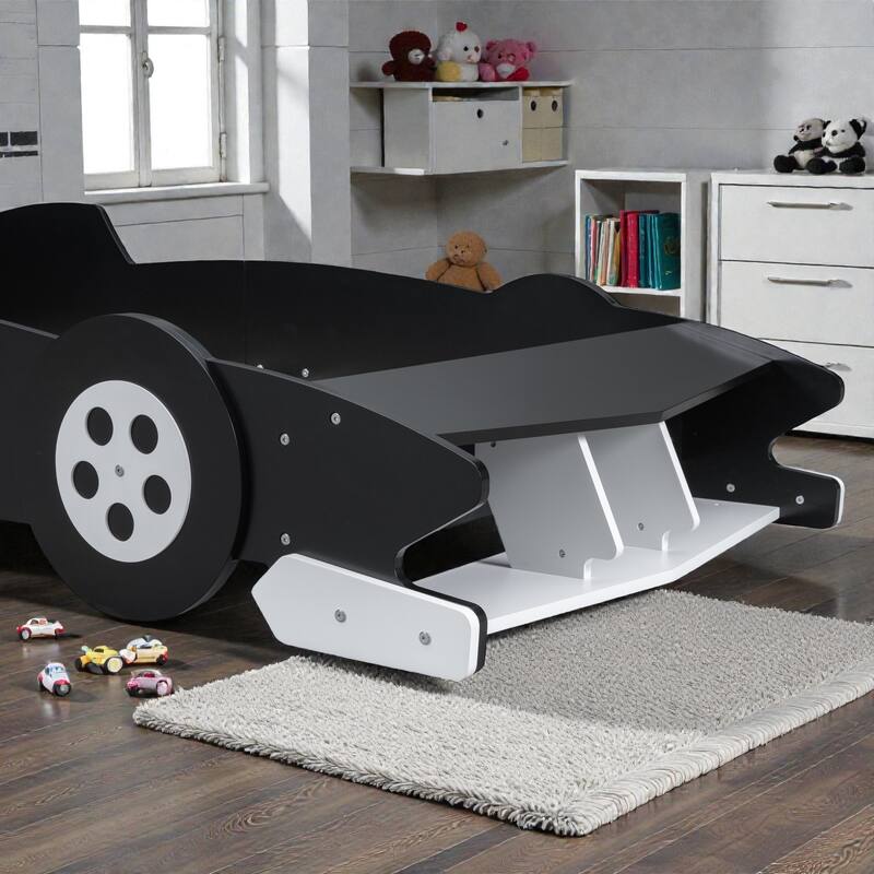 Race Car Platform Bed with Wheels, Kids Car-Shaped Bed Frame with Safety Rails
