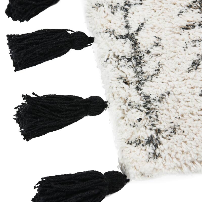 Cotton Printed Tufted Pillow with Tassels, Black and Cream Color