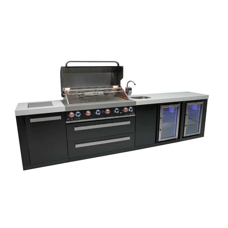 Mont Alpi MAi805-BSSBEVFC 6-Burner Black Stainless Steel Modular Outdoor Kitchen Island Grill + Beverage Center + Fridge Cabinet
