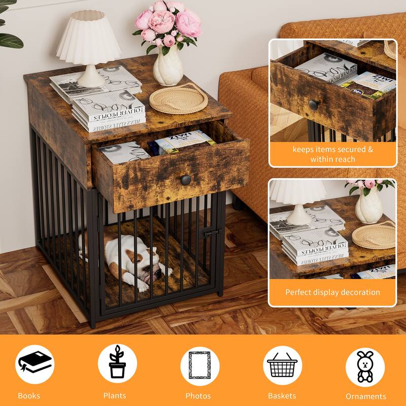 Dog Crate Furniture, Dog House, Decorative Dog Kennel with Drawer, Indoor Pet Crate End Table for Small Dog, Iron-Tube Dog Cage