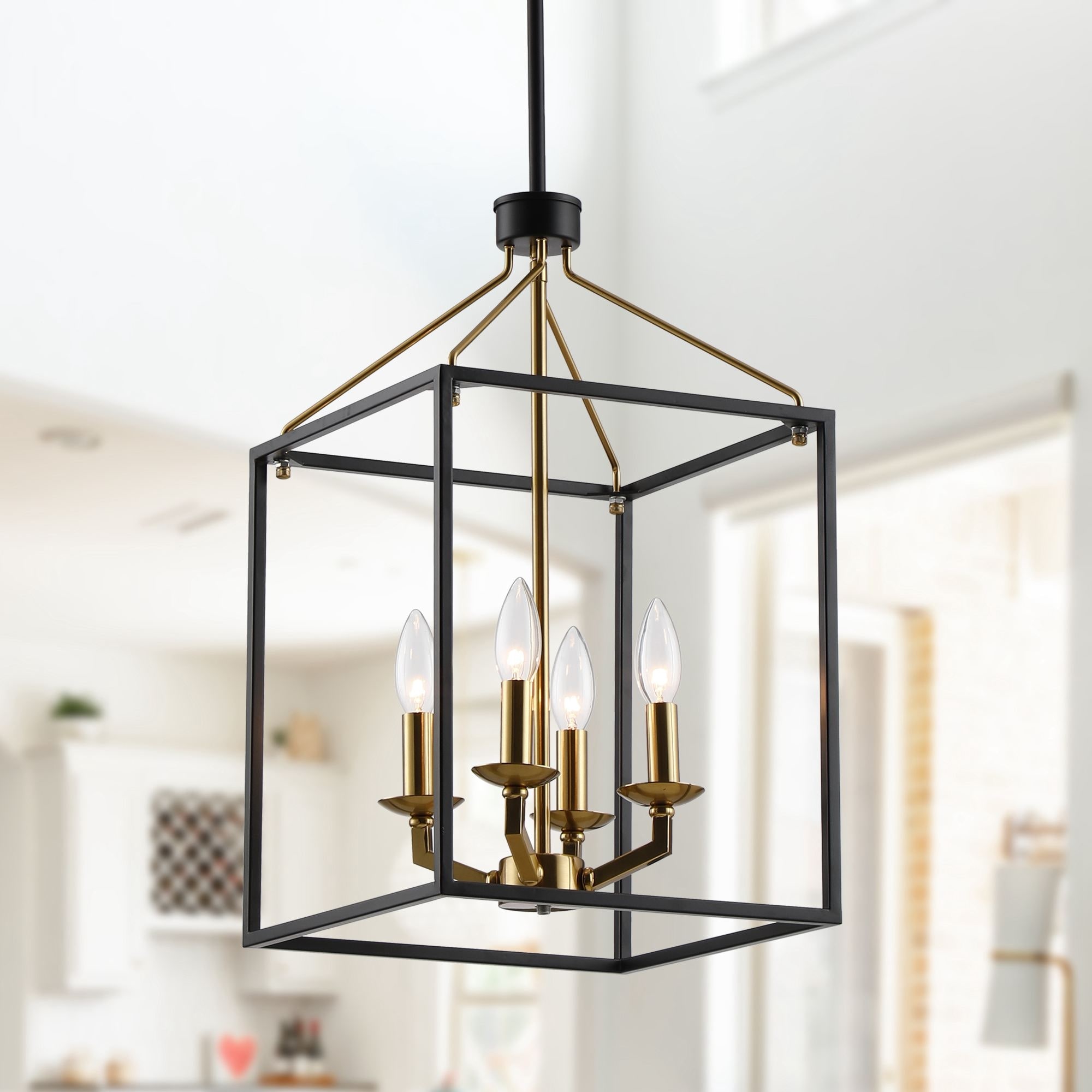12" Black and Gold 4-Light Modern Farmhouse Geometric Cage Pendant Light Fixture for Foyer - 12-in W