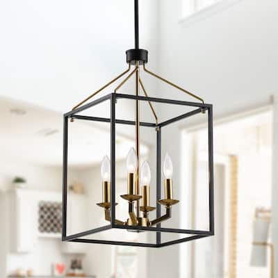 12" Modern Matte Black and Gold 4-Light Caged Chandelier