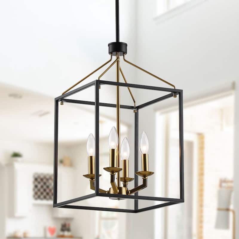 Modern 4-Light Rectangle Open Frame Iron Lantern Chandelier - 12-in W - Gold and Black