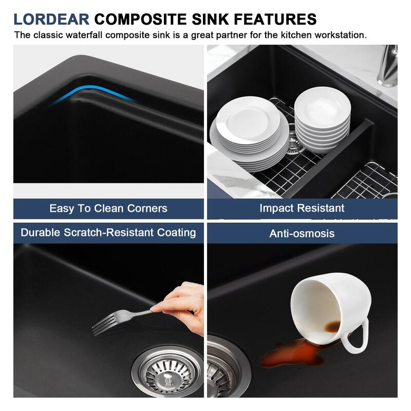 Lordear 33" Kitchen Sink Double Bowl Undermount Workstation Low Divider Quartz Composite Sink with Accessories