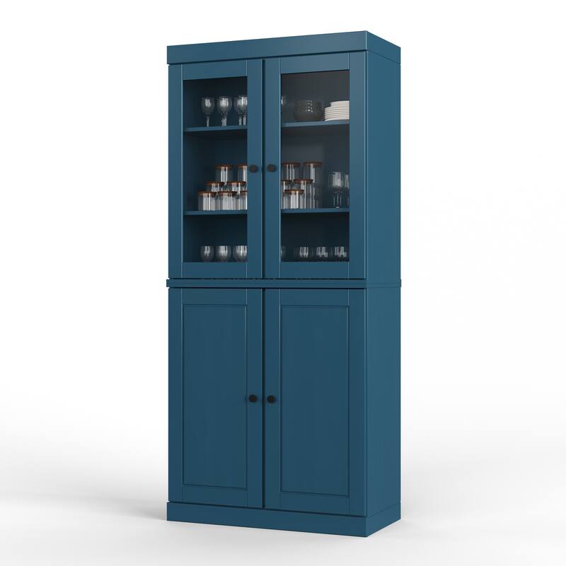 Palace Imports Solid Wood Pantry Cabinet, Raised Panel & Clear Glass Doors, 2 Drawers, Adjustable Shelves