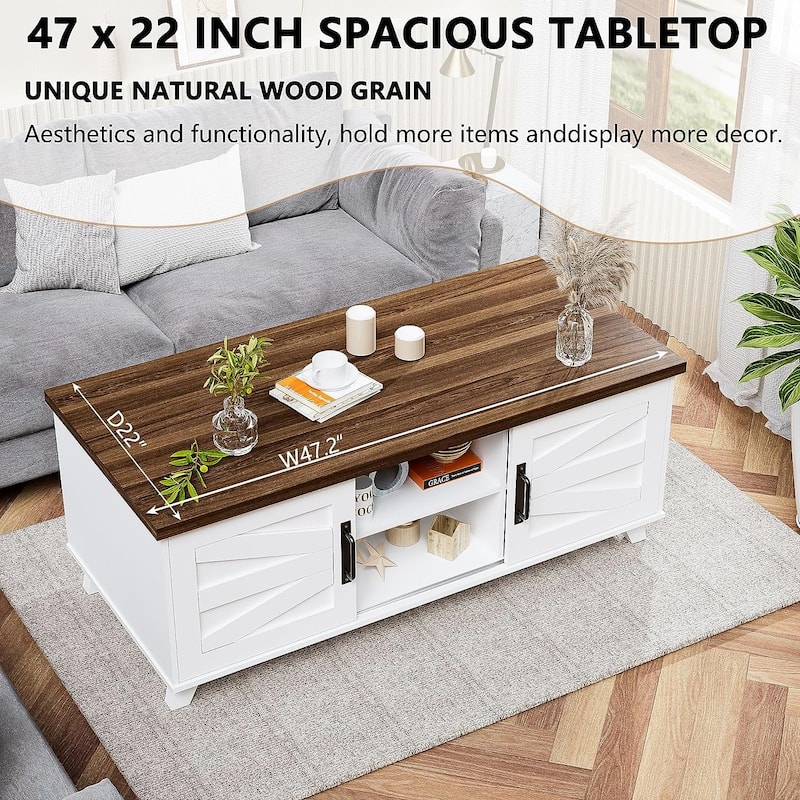 Farmhouse Coffee Table with Sliding Barn Doors for Living Room