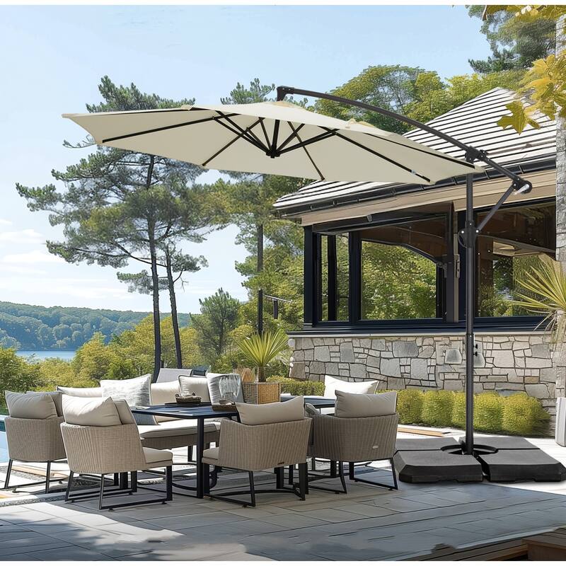 MAISON ARTS 10ft Patio Offset Umbrella Cantilever Umbrellas Market Hanging Umbrella with Crank Handle & Base Include - White-With Weights