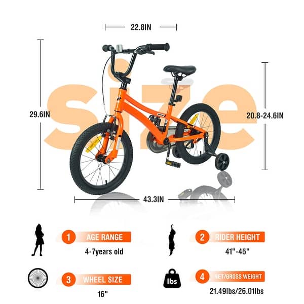 dimension image slide 3 of 4, 16 Inch Road City Bike For Toddlers Kids, Steel Frame Road Bike With Training Wheels, Lightweight Kids City Bike
