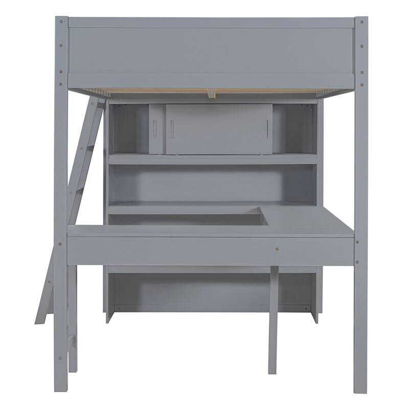 Full Size Loft Bed with Desk and Shelf in Gray and White