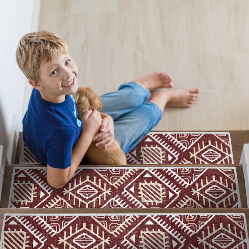 SussexHome Monument Design 9" X 28" Stair Treads - 70% Cotton Anti-Slip Carpet Strips for Stairs-with Double Adhesive Tape - 7 PACK - Maroon