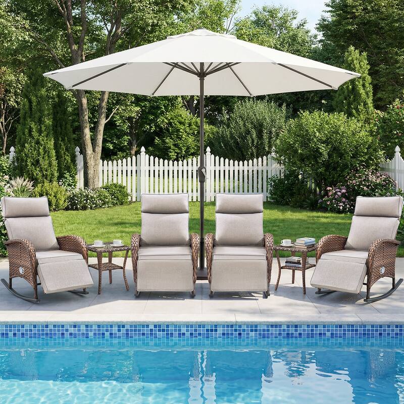 Pocassy Versatile Outdoor Recliner Rocker Chair with Table Set - Brown Wicker with Beige Cushion - 6-Piece Rocker Recliner Chair with Side Table
