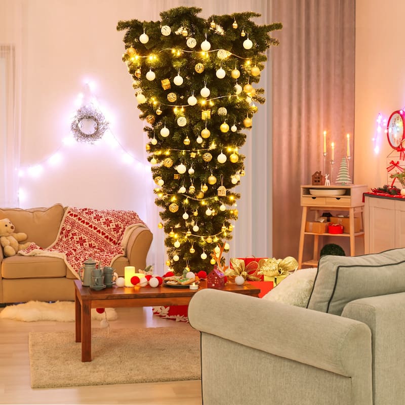 Gymax 7ft Artificial Upside Down Christmas Tree Holiday Decoration w/ - See Details