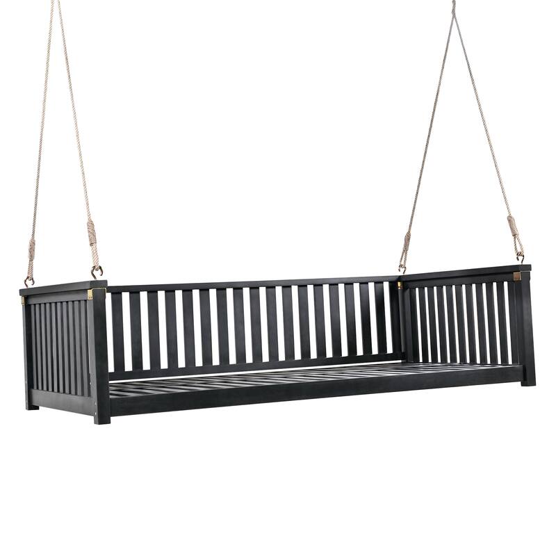 Acacia Wood Twin-Size Porch Swings Bed with 350lb Capacity, Includes Hemp Ropes and Sloped Safety Design