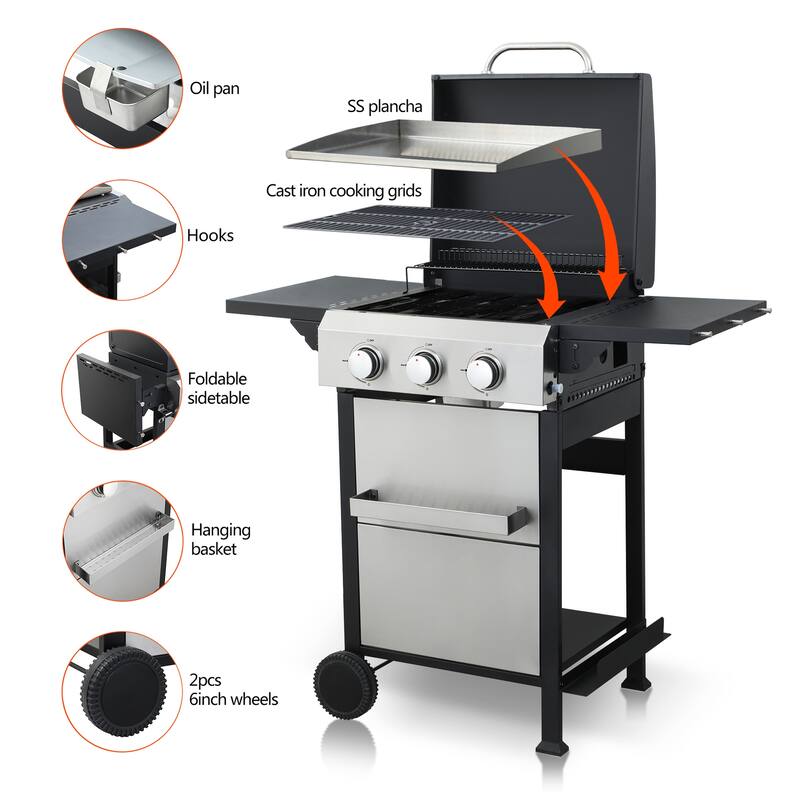 3 Burner Propane Gas Grill with Wire Enamel Cooking Grids Grid Foldable Side Table and Hanging Basket, for Outdoor Grilling