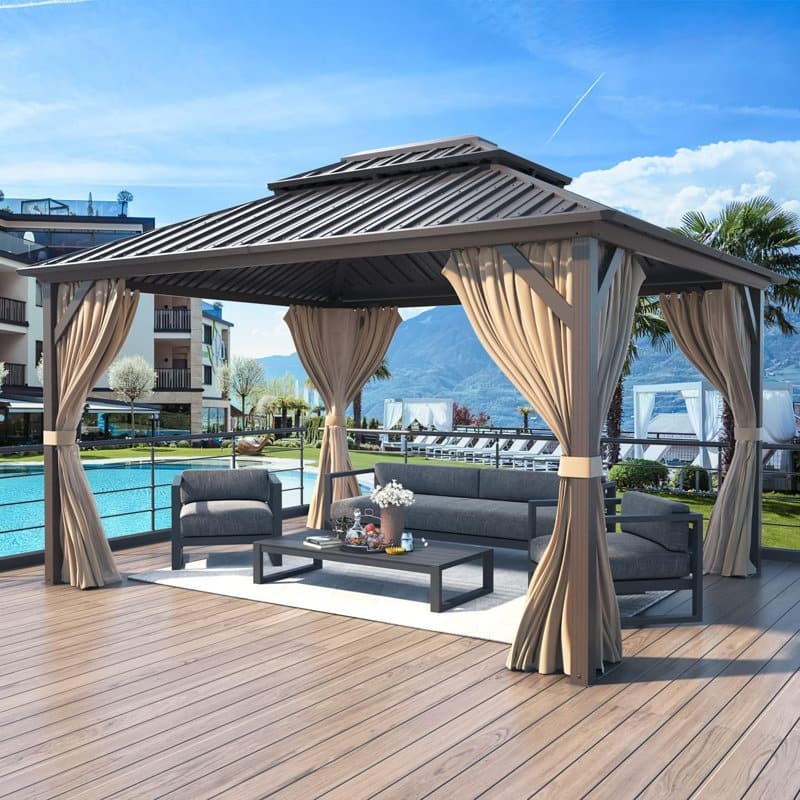 Pro Series Outdoor Hardtop Gazebo Pergola | Galvanized Steel Roof & Aluminum Frame | Includes Premium Curtains & Netting
