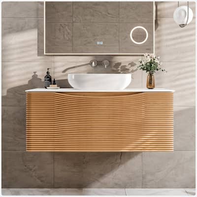 Leah 32 in. Medium Oak Bath Vanity with Solid Surface Top & Vessel Sink