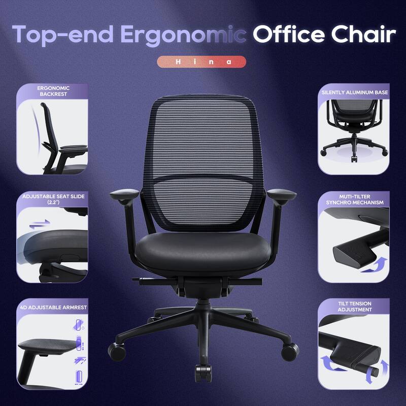 COLAMY Ergonomic Office Chair, Adjustable Seat, 4D Armrests, Mesh Back, Leather Cushion，Black