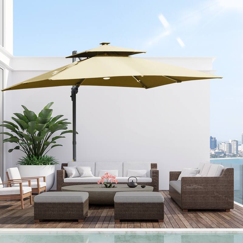 Cantilever Patio Umbrella 2 Tops Outdoor Umbrella with LED Light and Power Bank 360° Rotation Cross Base for Garden