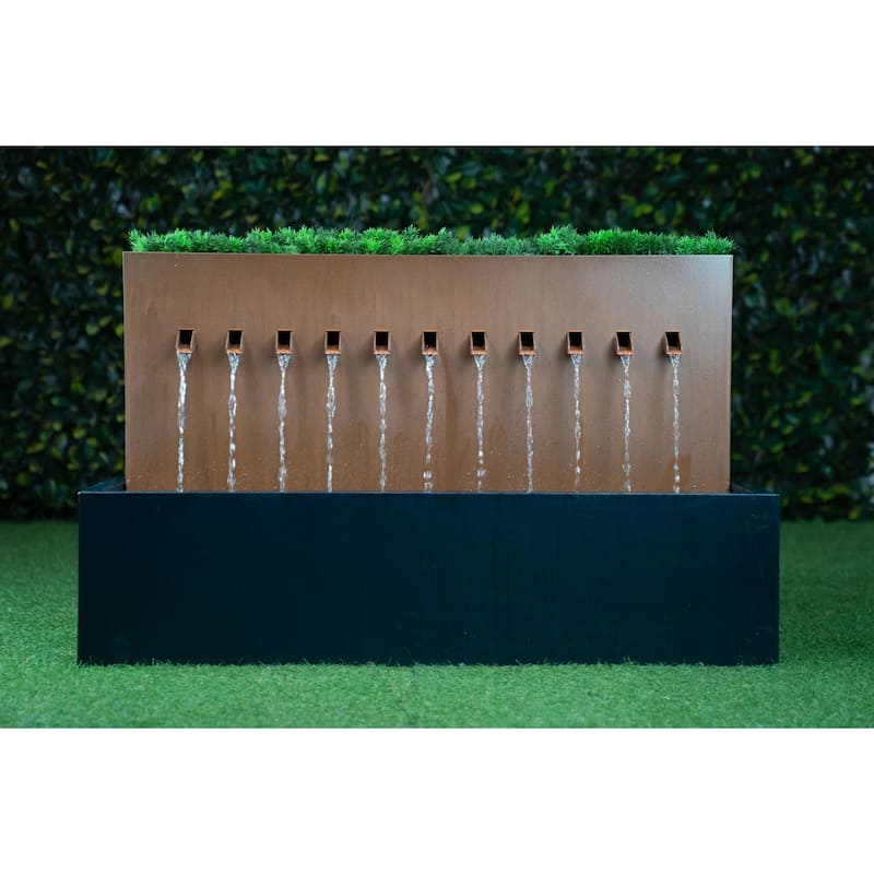 Lighted Rectangle 2-Tier Outdoor Garden Water Fountain with Planter - 39.37"