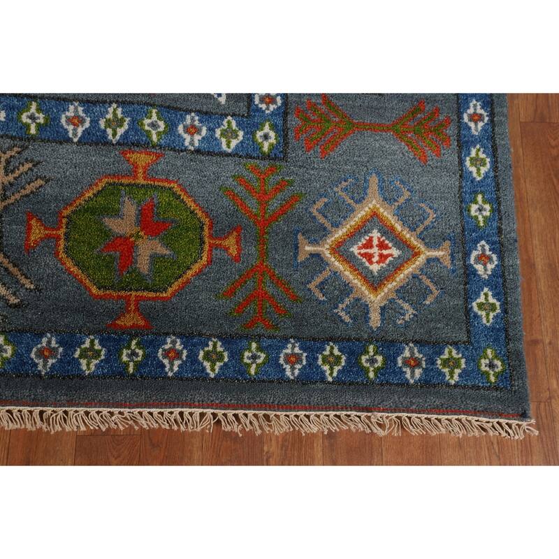 Blue Geometric Kazak Oriental Area Rug Hand-Knotted Wool Carpet - 9'3" x 11'7"