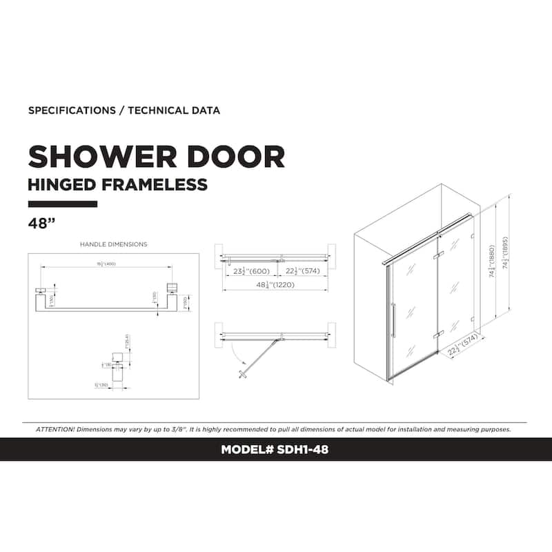 Fine Fixtures Hinged Clear Frameless Glass Shower Door Enclosure